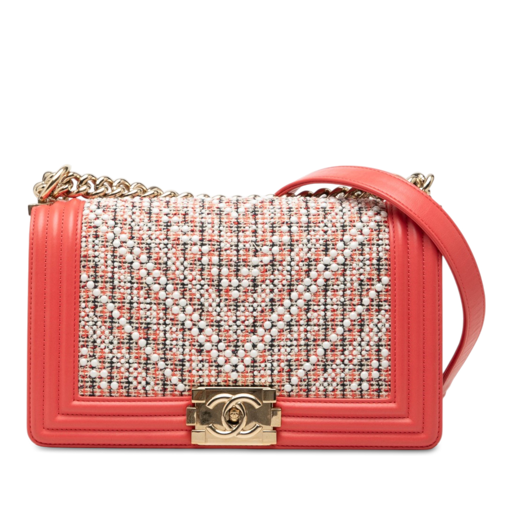 Pre-Loved Chanel Small Chevron Tweed and Lambskin Pearl Boy Flap